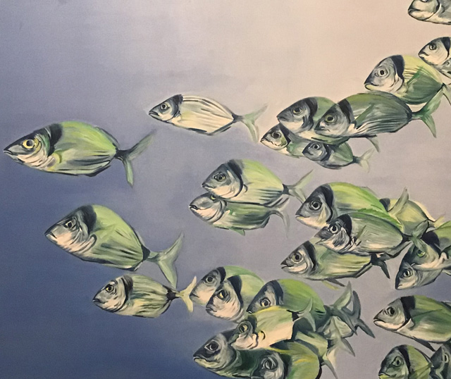 Dipinto di Sibilla Ulivi di fondale marino con banco di pesci