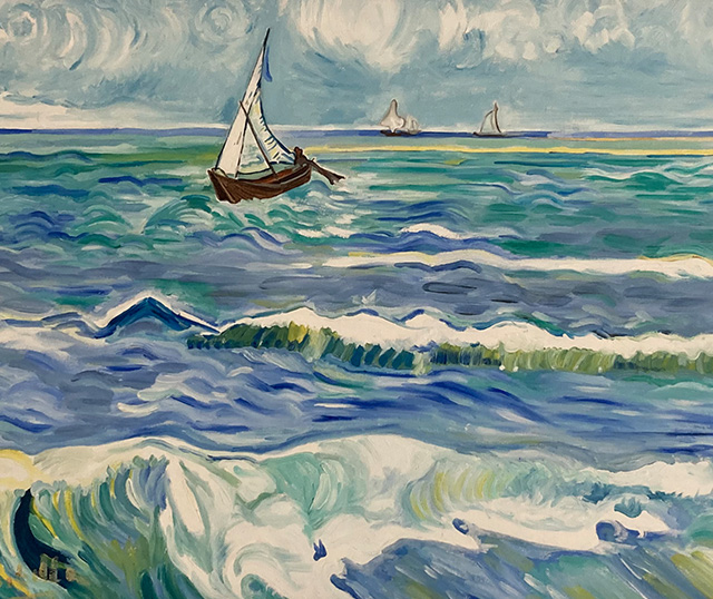 Quadro di Sibilla Ulivi con barca in un mare mosso