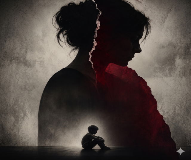 ilhouette oscura e spezzata di una donna che sovrasta un bambino seduto da solo in penombra, a rappresentare il senso di isolamento e gli effetti psicologici di una madre tossica.