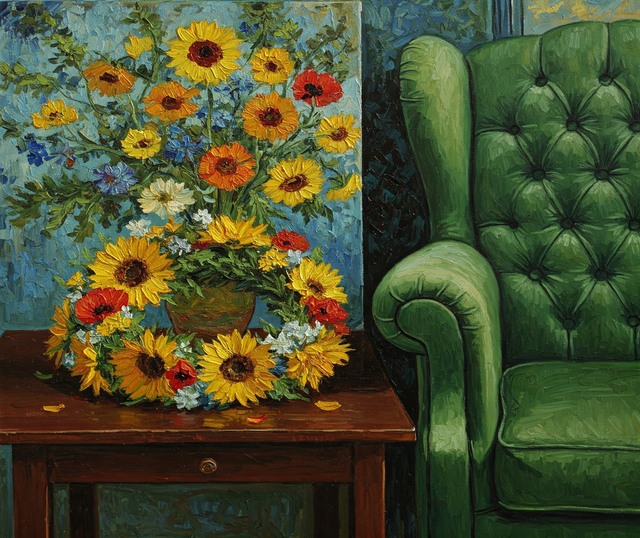 Corona di fiori con poltrona verde immagine generata da Sibilla Ulivi