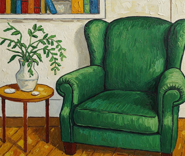 Poltrona verde con tavolino rotondo e pianta immagine generata da Sibilla Ulivi