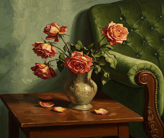 Immagine di rose appassite con poltrona verde generata da Sibilla Ulivi