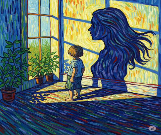 Dipinto in stile Van Gogh che mostra un bambino in piedi in una stanza luminosa, la cui ombra ha il profilo di un adulto, per simboleggiare l'identità celata di chi cresce con un fratello malato