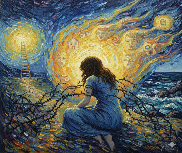 Donna di schiena in un dipinto digitale stile impressionista che rappresenta la depressione e le pressioni sociali femminili.