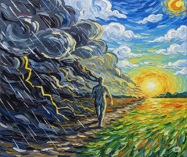 Dipinto in stile Van Gogh di una figura serena che cammina da un temporale verso un campo soleggiato