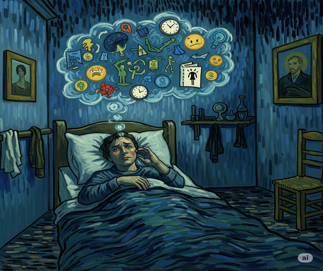 Persona sveglia di notte a letto, mente sovraccarica di pensieri e ansia, immagine generata da Sibilla Ulivi