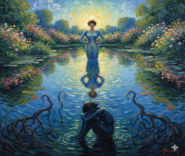 "Dipinto impressionista di donna che si specchia in un lago, rivelando una figura depressa sotto la superficie."