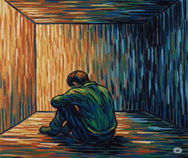 Una persona inginocchiata in una stanza vuota con colori vivaci che rappresenta la noia cronica e il senso di vuoto esistenziale