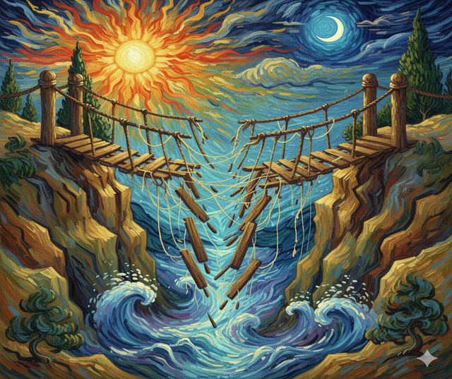 Immagine metaforica in stile Van Gogh di un ponte di corda spezzato su un canyon, che rappresenta la rottura dei legami familiari e la persistenza delle connessioni emotive. Colori accesi e dinamici