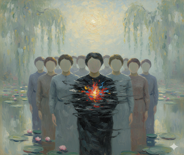 Questa immagine rappresenta metaforicamente l'individuo "normotico": esternamente conformato alla massa anonima, interiormente legato da un ruolo che ne cancella il volto e l'unicità. La piccola fiamma sul petto è la scintilla di soggettività e autenticità che lotta per non spegnersi nel vuoto dell'appiattimento emotivo.