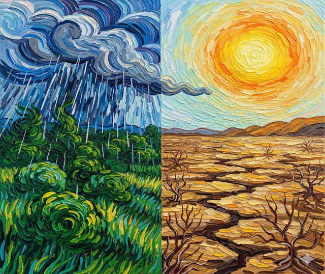 Tristezza vs Depressione: Un'opera d'arte ispirata a Van Gogh illustra la differenza tra una tempesta passeggera (tristezza) e una siccità prolungata (depressione), attraverso un paesaggio diviso che riflette la sofferenza emotiva.