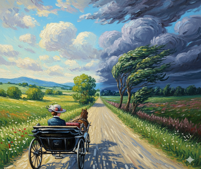 Una signora su una carrozza viaggia su una strada, passando da un paesaggio sereno a uno tempestoso. Un'illustrazione che simboleggia il viaggio interiore per superare la depressione