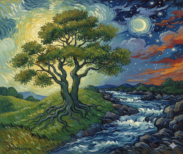 Dipinto metaforico sulla differenza tra amore e passione con un albero e un fiume.