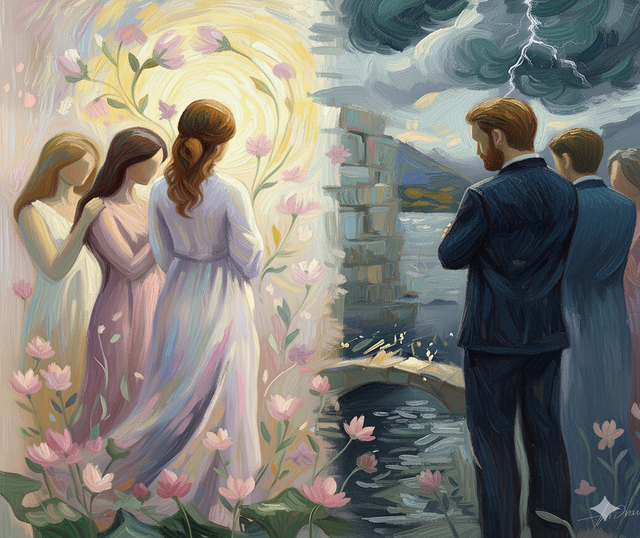 Un'opera impressionista che esplora temi di connessione e solitudine attraverso figure umane di spalle e pennellate vibranti, in un suggestivo contrasto di luce e ombra.