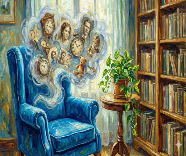 Illustrazione impressionista di una poltrona da psicanalista in velluto azzurro. Una nuvola di ricordi con orologi, foto d'epoca e giocattoli emerge dalla seduta, simboleggiando il passato e l'inconscio. Accanto, un tavolino con una pianta di Potos e una libreria sullo sfondo