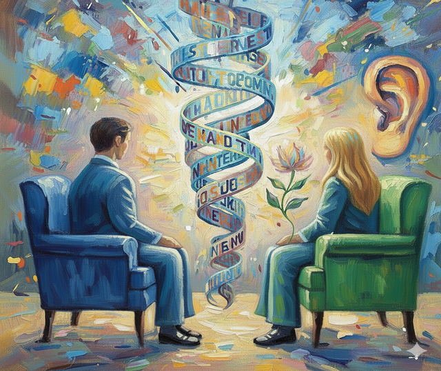 Illustrazione in stile Van Gogh di una seduta di psicoterapia, con due persone di schiena su poltrone colorate e un grande orecchio che simboleggia l'ascolto.