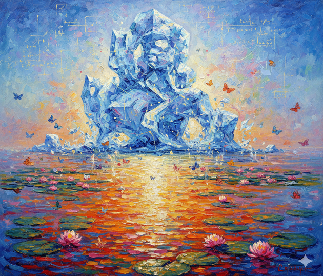 Dipinto impressionista di un paesaggio invernale dove il ghiaccio si scioglie rivelando colori brillanti, simbolo del passaggio dall'intellettualizzazione al vissuto emotivo in psicoterapia.