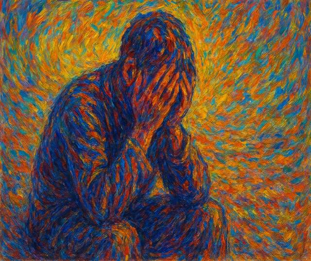 uomo in preda alla disperazione con il volto fra le mani 