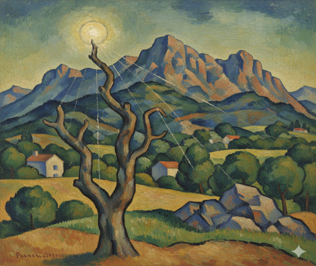 Dipinto a olio in stile post-impressionista con un monte imponente e un albero che tocca una sfera di luce, metafora della mente del terapeuta che illumina il materiale rimosso.